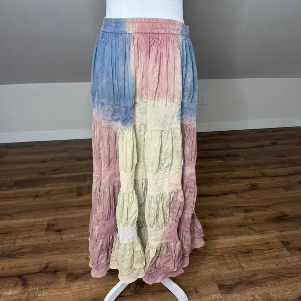 Styleworks Tiered Tie Dye Maxi Skirt Boho Prairie Festival Skirt Size L - Picture 2 of 7
